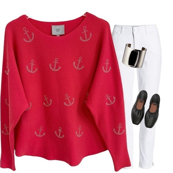 LIV MILANO STRAWBERRY RED JEWELED RHINESTONE NAUTICAL ANCHOR TOP SWEATER SZ L - Picture 1 of 4